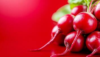 Fresh radishes on bright bg. Bright red radishes with green tops sit against a striking red backdrop, highlighting their freshness and color. photo