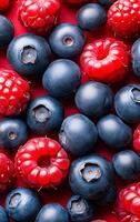 Fresh berries on a vibrant background. Bright red raspberries and deep blue blueberries are scattered, creating a colorful display of fresh fruit. photo