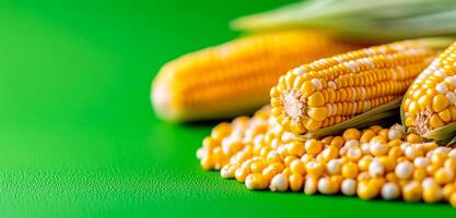 Corn kernels on green backdrop. Bright yellow corn cobs and kernels rest on a vibrant green surface, perfect for cooking or snacking. photo