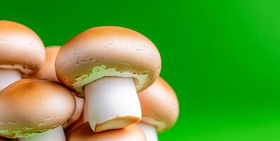 Mushrooms on green backdrop. A cluster of brown mushrooms is displayed against a bright green background, showcasing their smooth caps and stems. photo
