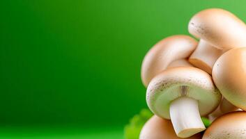 Mushrooms on green background. A cluster of fresh, golden mushrooms rests against a bright green background, highlighting their natural appeal. photo