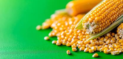 Fresh corn on green surface. Bright yellow corn kernels on a vibrant green surface, with cobs peeking through, showcasing freshness and color. photo