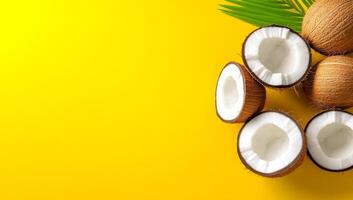 Coconuts on yellow backdrop. Sliced coconuts display white flesh on a bright yellow backdrop, highlighting tropical essence and freshness. photo