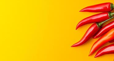 Red chili peppers on yellow. A cluster of vibrant red chili peppers arranged on a bright yellow surface, showcasing their glossy texture and curves. photo