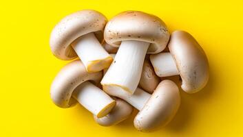 Mushrooms on yellow backdrop. A cluster of fresh mushrooms rests atop a bright yellow surface, showcasing their smooth caps and white stems. photo