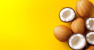 Coconuts on yellow backdrop. Brown coconuts with white flesh are arranged on a bright yellow surface, showcasing their tropical appeal. photo