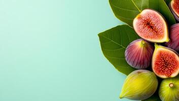 Fresh figs arranged on green leaves. Brightly colored figs are displayed on large green leaves against a light background, showcasing their natural beauty. photo