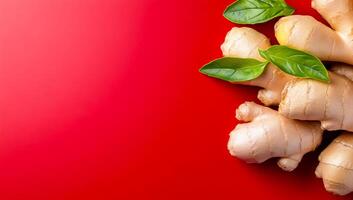 Ginger roots and basil on red. Fresh ginger roots arranged on a vibrant red background, accompanied by bright green basil leaves for contrast. photo