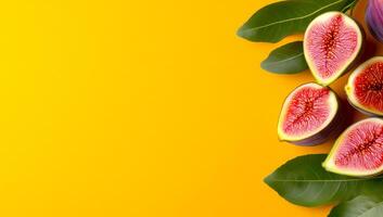 Vibrant figs and green leaves. Ripe figs are arranged with green leaves against a bright yellow backdrop, showcasing their juicy texture and color. photo