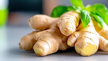 Fresh ginger roots on a kitchen counter. Fresh ginger roots with green leaves are neatly displayed on a kitchen counter, highlighting their texture and color. photo