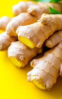 Ginger roots on yellow. Vibrant ginger roots are arranged on a bright yellow surface, highlighting their unique texture and color. photo