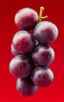 Fresh red grapes on a vibrant background. Bunch of plump red grapes displayed against a bold red backdrop, showcasing their rich color and natural texture. photo
