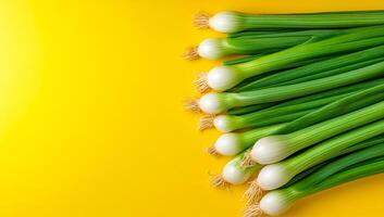 Green onions on yellow backdrop. A bunch of fresh green onions arranged neatly, highlighting their crisp texture against a bright yellow backdrop. photo
