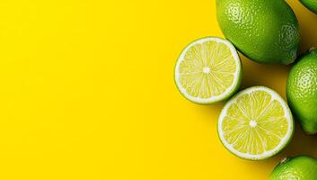 Fresh limes on vibrant yellow background. Bright green limes are arranged on a sunny yellow background, showcasing one lime sliced in half. photo