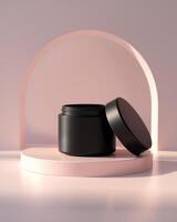 Elegant black cosmetic jar on pink platform photo
