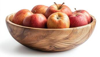 Fresh Red Apples in Wooden Bowl on White Background photo