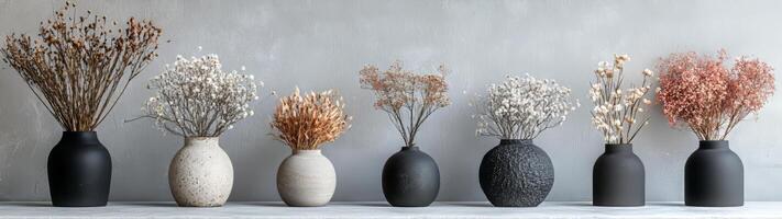 Elegant Display of Dried Flowers in Various Vases on Gray Surface photo