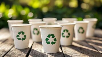 Eco-Friendly Paper Cups with Green Recycling Symbols on Wooden Table photo