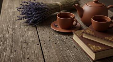 A table with a book, a tea pot, and a bouquet of lavender photo