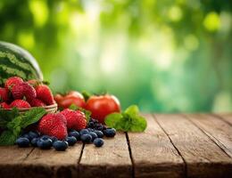 Fresh fruits on a wooden table, blurred background photo