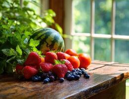 Fresh fruits and vegetables on a wooden table by a window photo