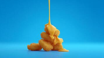 A close up of a pile of chicken nuggets being drizzled with sauce photo