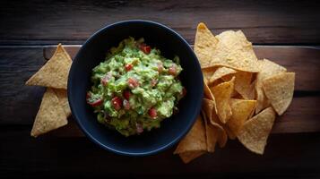 Guacamole in a bowl with tortilla chips on a wooden table photo