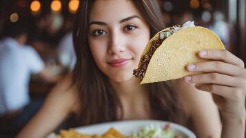 A woman holding a taco in front of her face photo