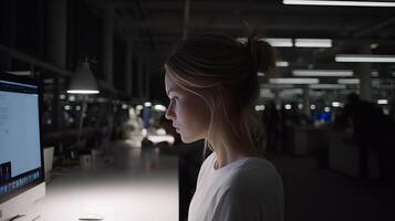 A woman is looking at a computer screen photo