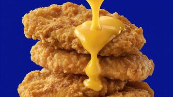 A stack of fried chicken with a yellow sauce being poured over it photo