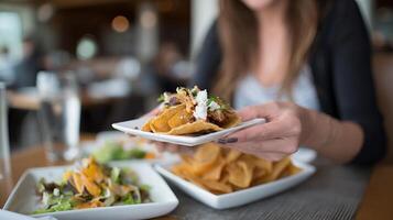 A woman is holding a plate of nachos photo
