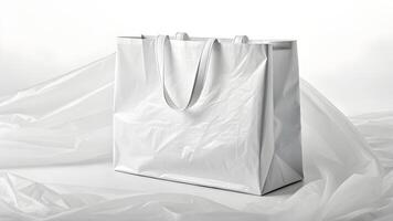 A white shopping bag sitting on top of a white cloth photo