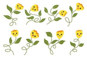 Playful vintage groovy flowers collection with green leaves and wavy stem, cartoon character illustration with different emoticon face expression. vector