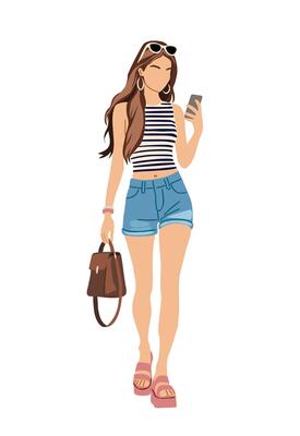 Stylish young woman walking and using smartphone