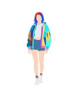 Woman in a colorful jacket and shorts, stylized and confident pose vector