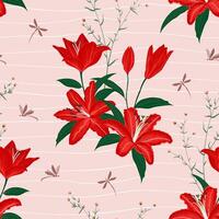 Hand drawn beautiful lily seamless pattern on red tone,design for fashion,fabric,textile,wallpaper and all print vector
