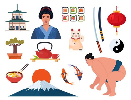 Japanese Traditional culture symbols. Geisha, samurai, katana, Mount Fuji, bonsai, Maneki Neko lucky cat, sakura, pagoda, bamboo, sushi, sumo, torii gate.