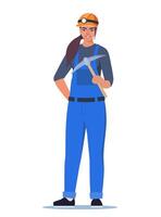 Miner woman character, coal or minerals mining, Girl worker in uniform with pickaxe stands tall. Extraction Industry Profession Working. Illustration. vector