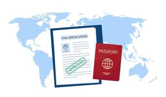 Visa application document. Visa application form, passport, world map on background. World travel, tourism, holidays concept. illustration. vector