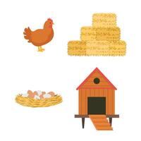 Farming elements icons on white background. Chicken, hay bales, nest with eggs and henhouse. vector