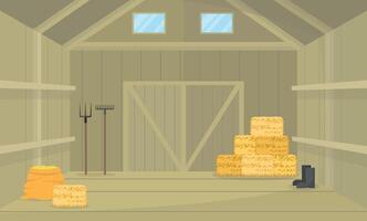 Interior of a barn with hay, a sack of grain, tools and boots. Building for storing goods. vector