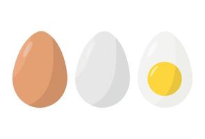 Icon of two raw eggs and half a boiled egg on a white background. Protein. Farm product. vector