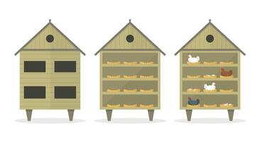 Three chicken coops icon on white background. Chicken coops outside and inside. Raising chickens. vector