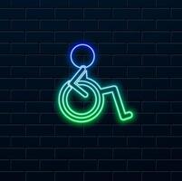 accessible glyph color icon. inability. neon style.disabled person. deficiency. man in wheelchair. silhouette symbol on white background, without outline. negative space. illustration vector