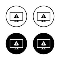 Warning computer icon on black circle. Security threat information sign symbol vector