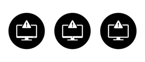 Warning sign on computer icon on black circle. Digital security warning sign. Malware and virus alert symbol vector