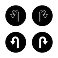 U turn arrow icon on black circle. Direction symbol for maps and navigation vector