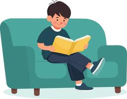Child reading a book on a couch home illustration cozy front view vector