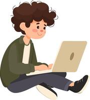Young boy coding on laptop at home environment character art vector