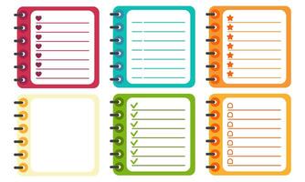 Planner notebook pages with checklist and lined templates in colorful vector